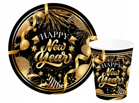 ZESTAW CZARNO-ZŁOTY: TALERZYKI + KUBECZKI HAPPY NEW YEAR 