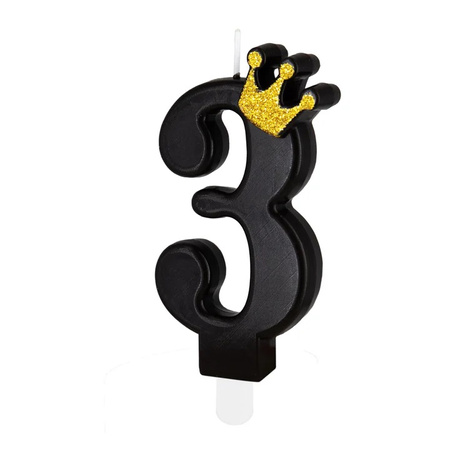 ŚWIECZKA URODZINOWA CYFRA 3 CZARNA Z KORONĄ 8,8 CM