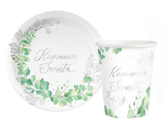 ZESTAW KUBECZKÓW I TALERZYKÓW KOMUNIA EUKALIPTUS