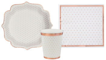 ZESTAW BIAŁE TALERZYKI+KUBECZKI+SERWETKI W KROPKI