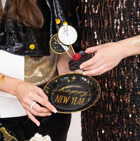 TALERZYKI PAPIEROWY HAPPY NEW YEAR CZARNO-ZŁOTY 18 CM 6SZT.