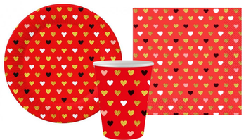 ZESTAW XOXO CZERWONE SERCA TALERZYKI+KUBECZKI+SERWETKI