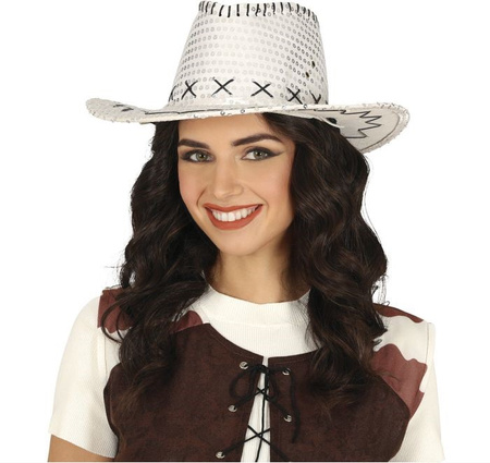 KAPELUSZ KOWBOJSKI CEKINOWY SREBRNY