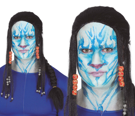 PERUKA CZARNA Z WARKOCZEM I KORALIKAMI