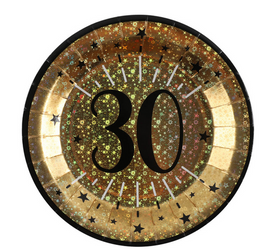 TALERZYKI PAPIEROWE 30 URODZINY ZŁOTE 23 CM 10 SZT.