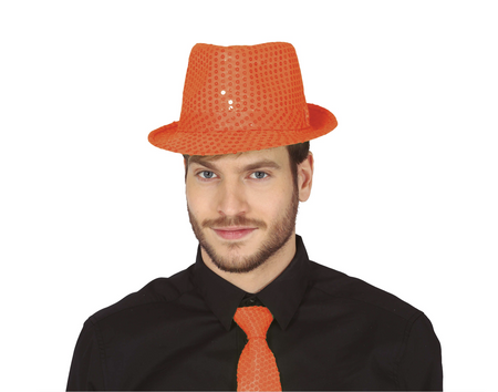 KAPELUSZ NEONOWY CEKINOWY GANGSTERA POMARAŃCZOWY