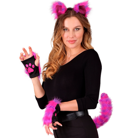 ZESTAW KOTA NEONOWY RÓŻOWY USZY OGON RĘKAWICZKI