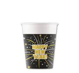 KUBECZKI PAPIEROWE CZARNE HAPPY NEW YEAR 200 ML 8 SZT