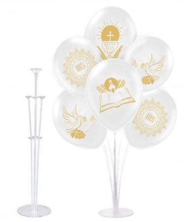 ZESTAW BALONY KOMUNIJNE BIAŁE ZŁOTY NADRUK + STOJAK 