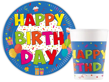 ZESTAW HAPPY BIRTHDAY TALERZYKI+KUBECZKI KOLOROWE