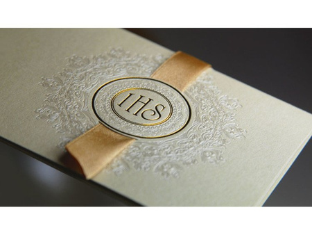 Zaproszenia komunijne ze złotą wstążką (1 karton / 50 op.) (1 op. / 10 szt.)