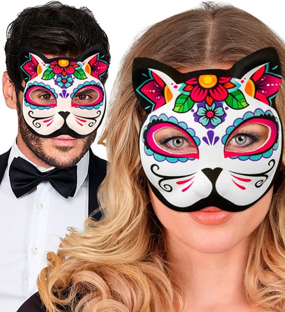 MASKA KOLOROWY WZÓR KOT LOS MUERTOS HALLOWEEN