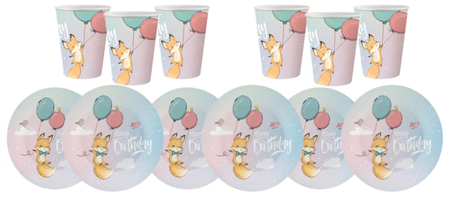 ZESTAW HAPPY BIRTHDAY - LISEK TALERZYKI + KUBECZKI 