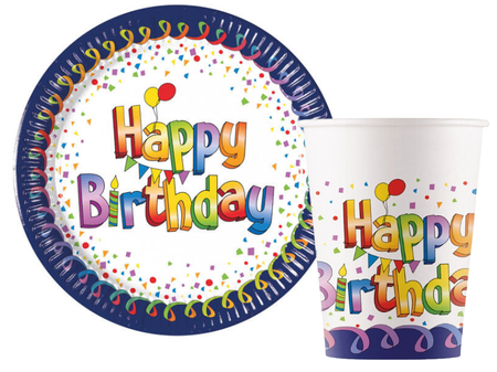 ZESTAW HAPPY BIRTHDAY TALERZYKI + KUBECZKI