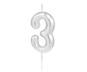 ŚWIECZKA URODZINOWA CYFRA 3 SREBRNA POŁYSK 6 CM