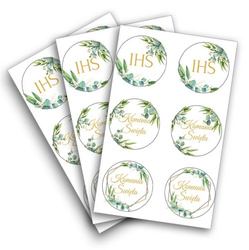 NAKLEJKI PIERWSZA KOMUNIA ŚWIĘTA BIAŁE ZIELONE 18 SZT IHS