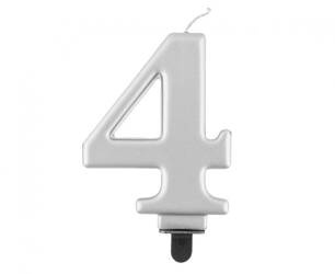 ŚWIECZKA CYFERKA 4 METALIK SREBRNA 8 CM