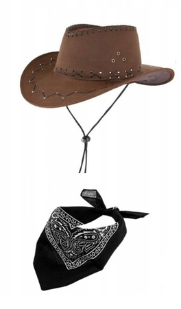 ZESTAW KOWBOJA: BRĄZOWY KAPELUSZ + CZARNA BANDANA 