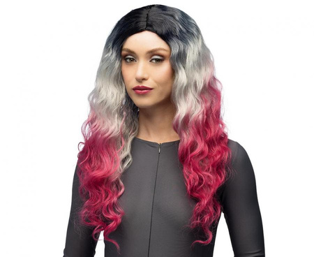 Peruka Komiko włosy długie ombre czarno-szaro-różowe długie loki fale