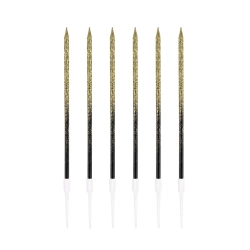 ŚWIECZKI URODZINOWE CZARNO ZŁOTE Z BROKATEM 6 SZT.