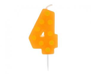 ŚWIECZKA URODZINOWA CYFRA 4 POMARAŃCZOWA W GROCHY 6 CM