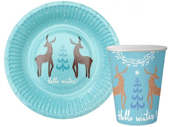 ZESTAW HELLO WINTER BŁĘKITNE TALERZYKI+KUBECZKI