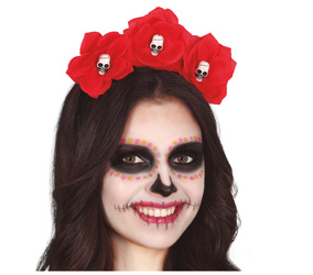 OPASKA CZERWONE KWIATY Z CZASZKAMI HALLOWEEN