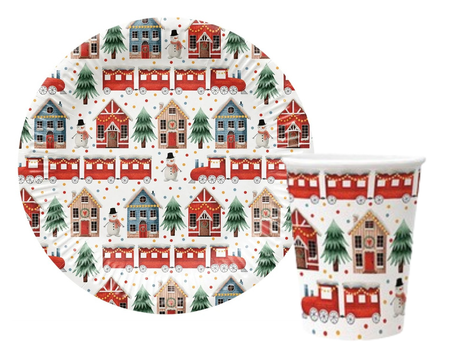 ZESTAW ŚWIĄTECZNE DOMKI: TALERZYKI + KUBECZKI 