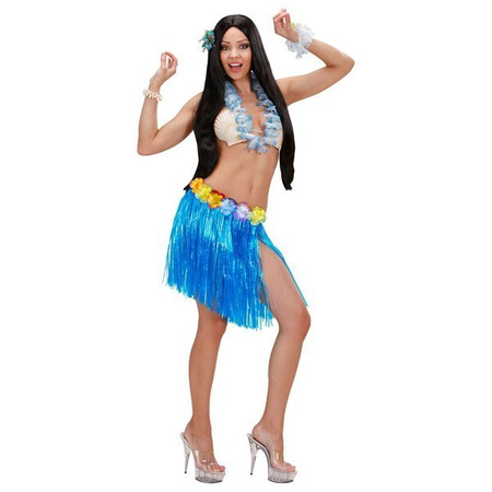 SPÓDNICA HAWAJSKA NIEBIESKA Z KWIATKAMI 45 cm