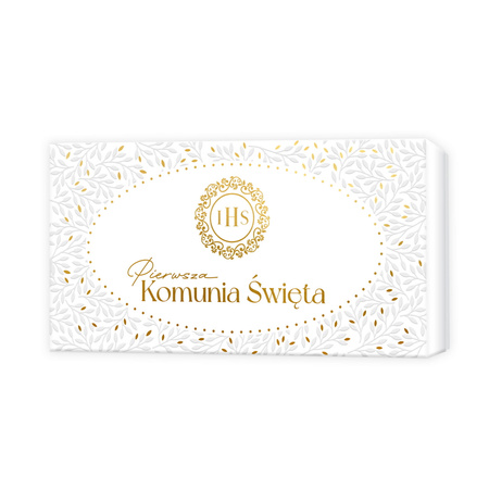 PUDEŁKO NA PIENIĄDZE KOMUNIA ZŁOTY ORNAMENT IHS