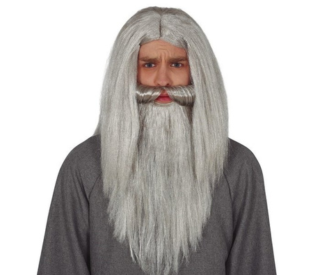 PERUKA Z BRODĄ DŁUGA SZARA