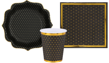 ZESTAW CZARNE TALERZYKI+KUBECZKI+SERWETKI W KROPKI