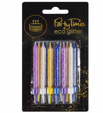 ŚWIECZKI URODZINOWE KOLOROWE EKO BROKAT 12 SZT 