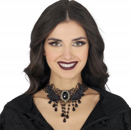 NASZYJNIK CHOKER CZARNY HAFT Z KORALIKAMI I KAMIENIEM