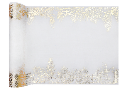 BIEŻNIK ŚWIĄTECZNY ZŁOTE SZYSZKI BIAŁY CHOINKA 28 X 300 CM