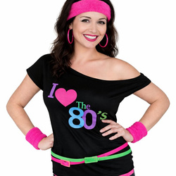 ZESTAW: KOSZULKA KOCHAM LATA 80 S/M + ŚCIĄGACZE NEONOWE RÓŻOWE