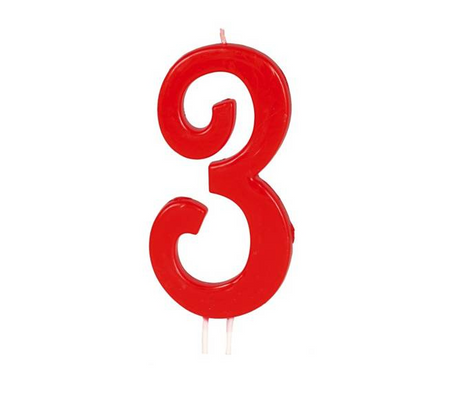 Swieczka Czerwona Cyfra 3, 12 cm