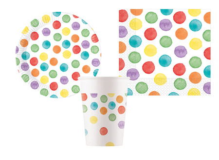 ZESTAW KOLOROWE KROPKI TALERZYKI+KUBECZKI+SERWETKI