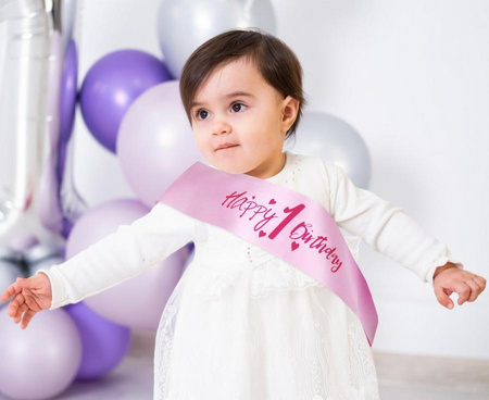 Szarfa urodzinowa Happy 1 Birthday różowa roczek pierwsze urodziny