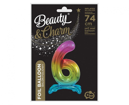BALON FOLIOWY STOJĄCY 74 CM CYFRA 6 TĘCZA