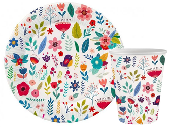 ZESTAW SUMMER - HAVE FUN TALERZYKI+KUBECZKI KWIATKI PTASZKI