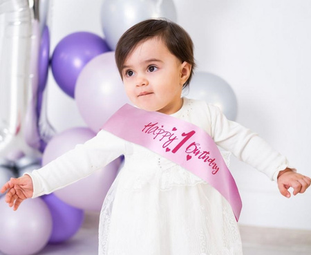 Szarfa urodzinowa Happy 1 Birthday różowa roczek pierwsze urodziny