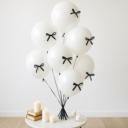 ZESTAW BIAŁE BALONY Z TASIEMKĄ I KROPKAMI DO KOKARDEK