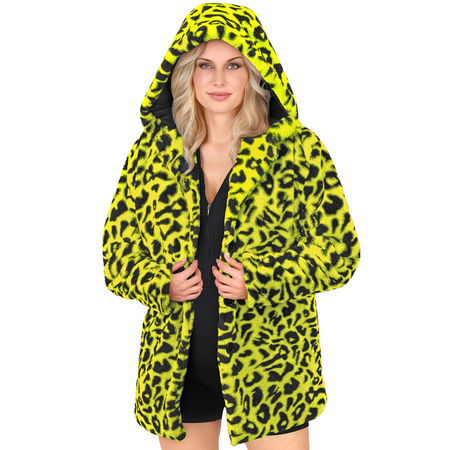 PŁASZCZ PLUSZOWY Z KAPTUREM W PANTERKĘ ŻÓŁTO-CZARNY