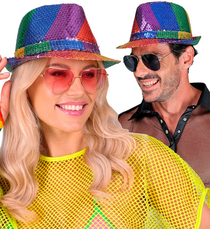 KAPELUSZ CEKINOWY TĘCZOWY DISCO