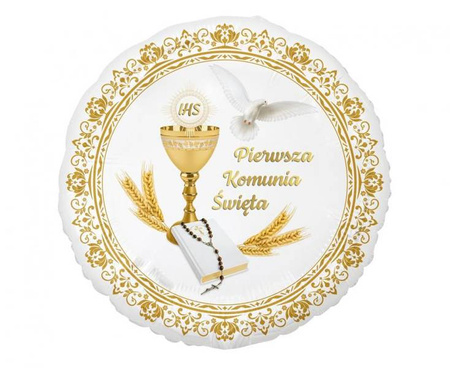 ZESTAW BALON FOLIOWY PIERWSZA KOMUNIA ŚWIĘTA + STOJAK + 3 BALONY BIAŁE + 3 BALONY ZŁOTE