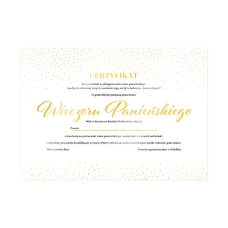 CERTYFIKAT WIECZORU PANIEŃSKIEGO BRIDE TO BE ZŁOTY