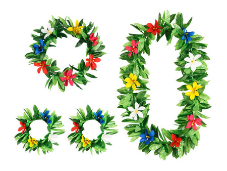 ZESTAW: SPÓDNICA HAWAJSKA ZIELONA + ZESTAW HAWAJSKI: OPASKA, NASZYJNIK I  BRANSOLETKI ZIELONE