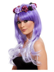 PERUKA FIOLETOWA Z KWIATAMI