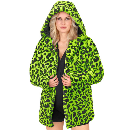 PŁASZCZ PLUSZOWY Z KAPTUREM W PANTERKĘ ZIELONO-CZARNY